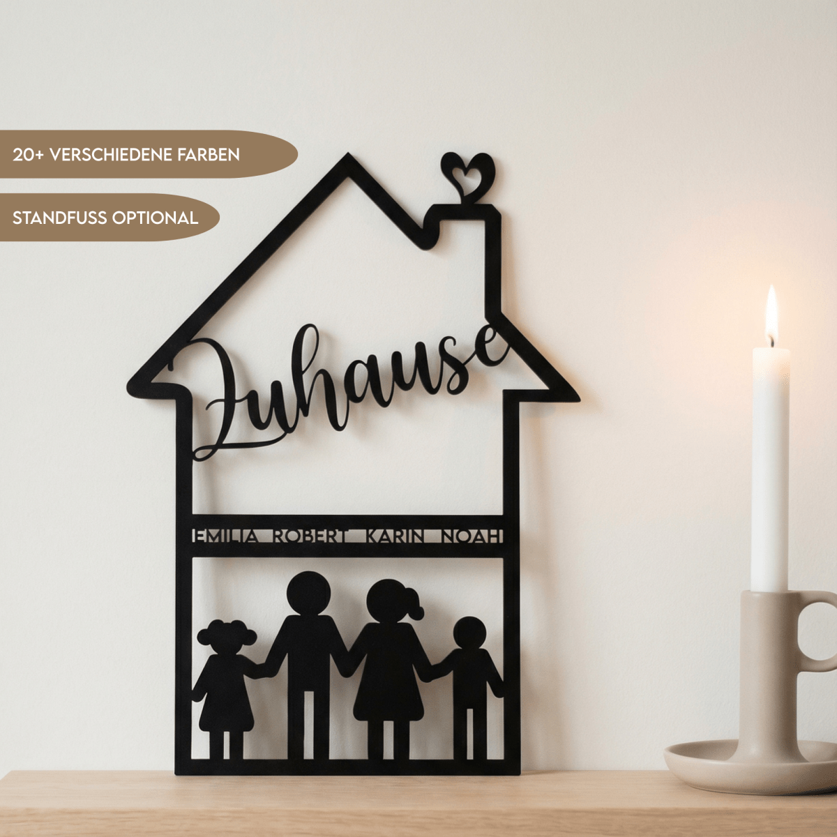 Familienschild aus Holz in Hausform | personalisiert mit Namen & Figuren - LaserArt Germany