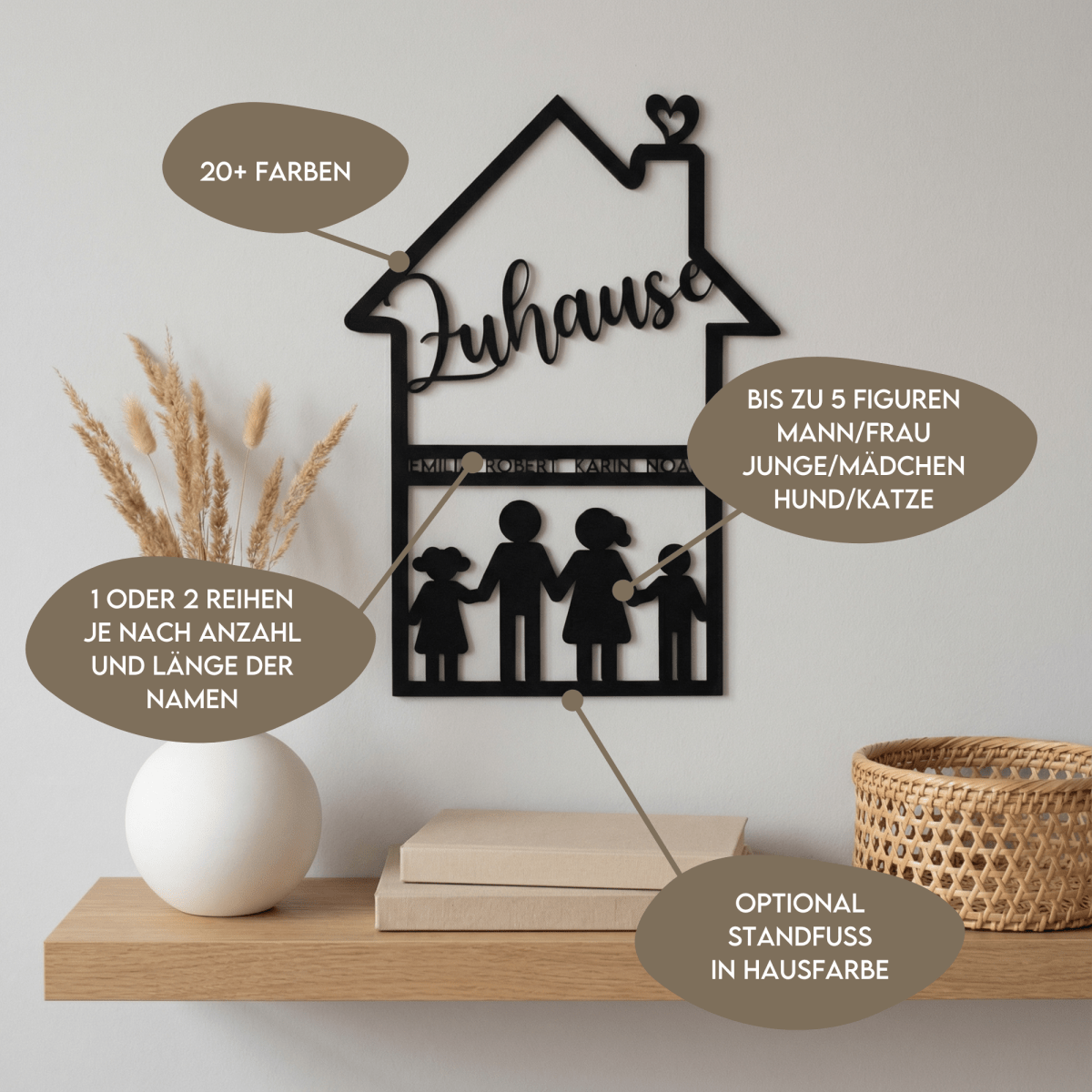 Familienschild aus Holz in Hausform | personalisiert mit Namen & Figuren - LaserArt Germany