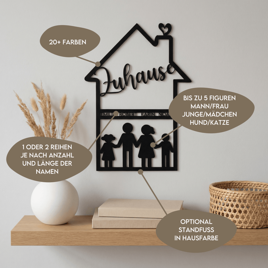 Familienschild aus Holz in Hausform | personalisiert mit Namen & Figuren - LaserArt Germany