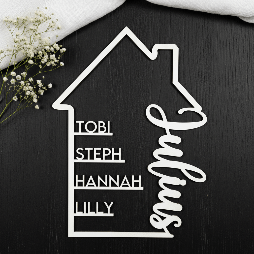Familienschild aus Holz für die Familie personalisiert – Detailaufnahme der Namensgravur