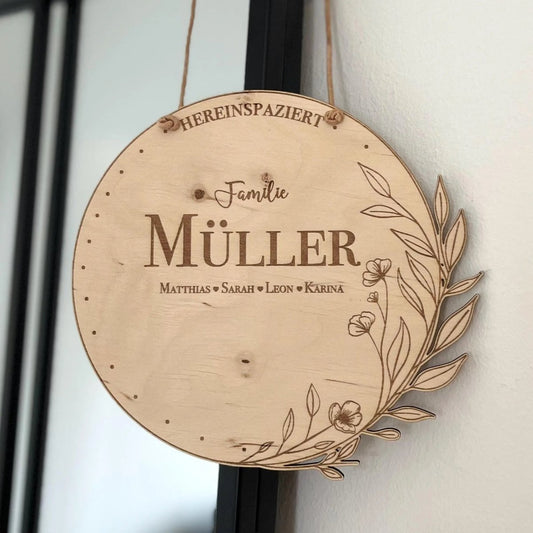 Familienschild Haustür Willkommen und Hereinspaziert aus Holz - LaserArt Germany