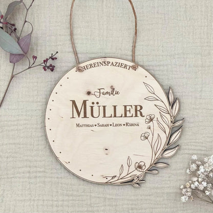 Familienschild Haustür Willkommen und Hereinspaziert aus Holz - LaserArt Germany