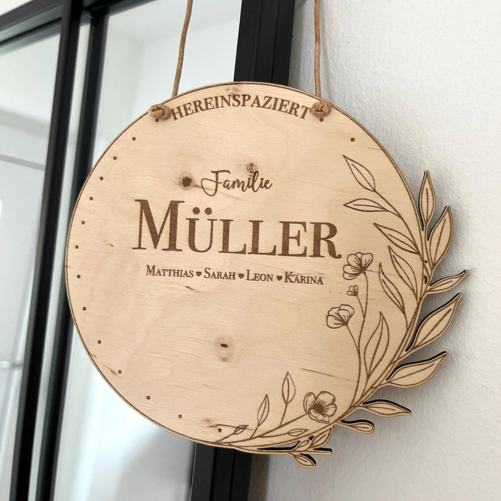 Familienschild Haustür Willkommen und Hereinspaziert aus Holz - LaserArt Germany