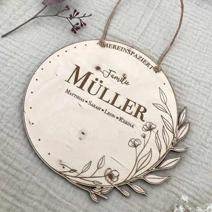 Familienschild Haustür Willkommen und Hereinspaziert aus Holz - LaserArt Germany