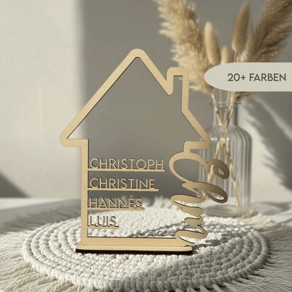 Familienschild | Holzschild Haus mit Namen personalisiert | Familienhaus aus Holz - LaserArt Germany