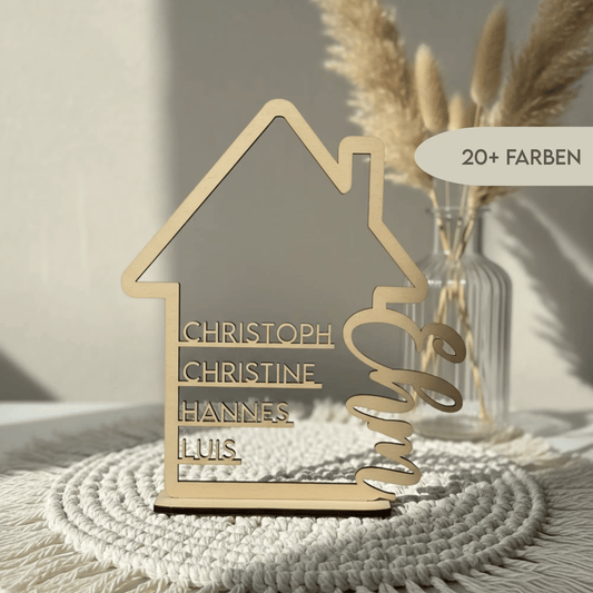 Familienschild | Holzschild Haus mit Namen personalisiert | Familienhaus aus Holz - LaserArt Germany
