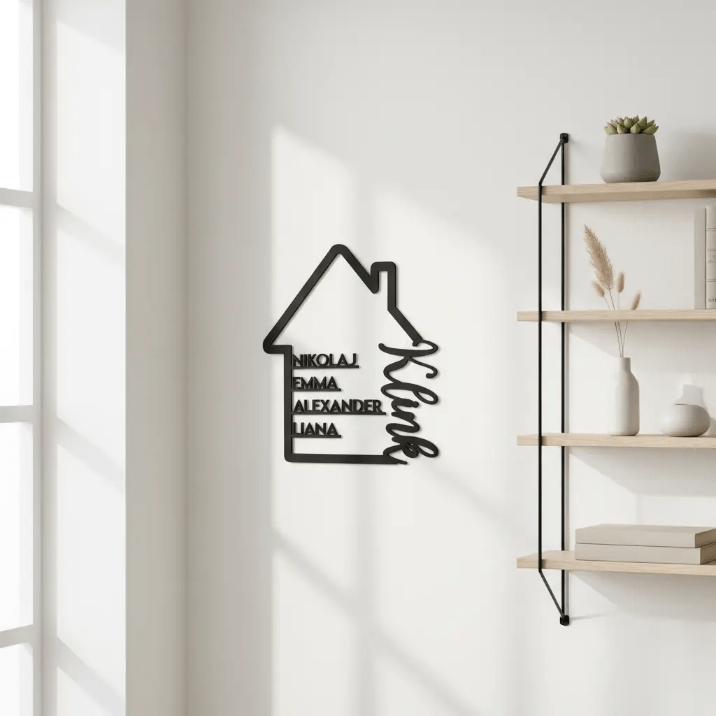 Familienschild | Holzschild Haus mit Namen personalisiert | Familienhaus aus Holz - LaserArt Germany