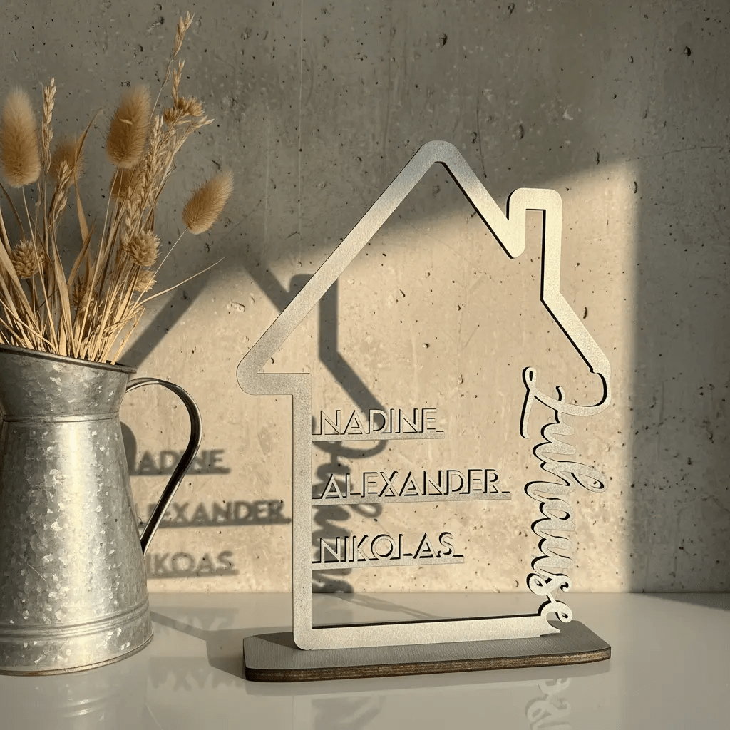 Familienschild | Holzschild Haus mit Namen personalisiert | Familienhaus aus Holz - LaserArt Germany