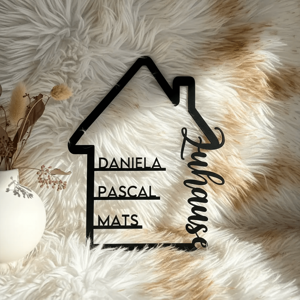 Familienschild | Holzschild Haus mit Namen personalisiert | Familienhaus aus Holz - LaserArt Germany