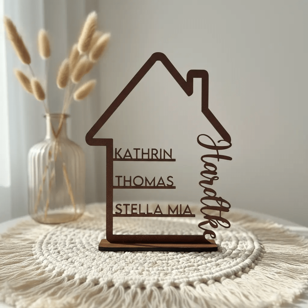 Familienschild | Holzschild Haus mit Namen personalisiert | Familienhaus aus Holz - LaserArt Germany