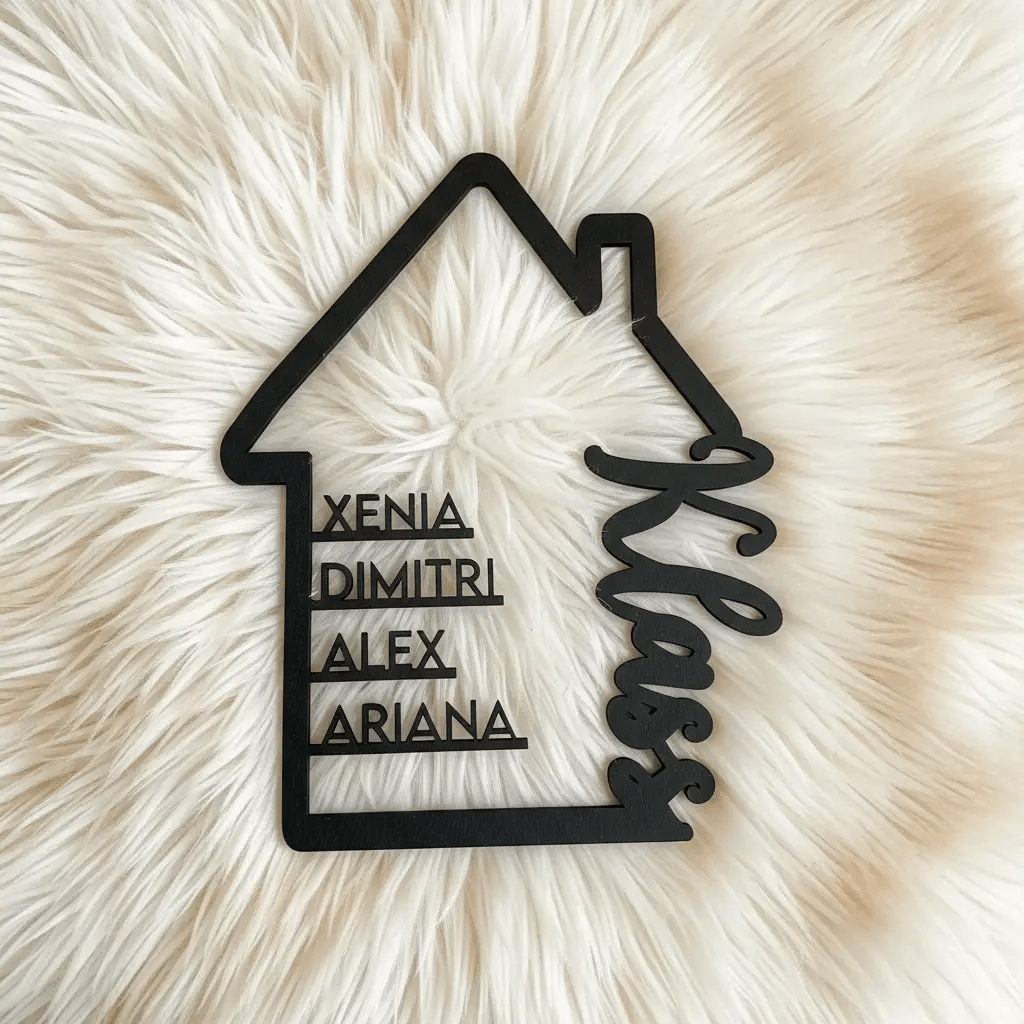 Familienschild | Holzschild Haus mit Namen personalisiert | Familienhaus aus Holz - LaserArt Germany