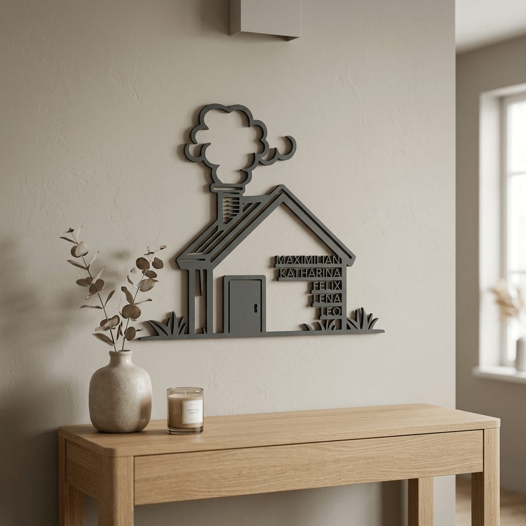 Familienschild in Hausform zum Einzug | Holz - LaserArt Germany
