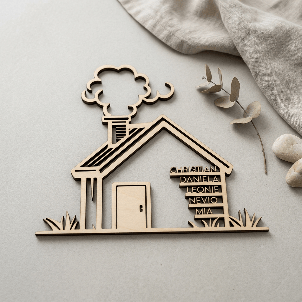 Familienschild in Hausform zum Einzug | Holz - LaserArt Germany