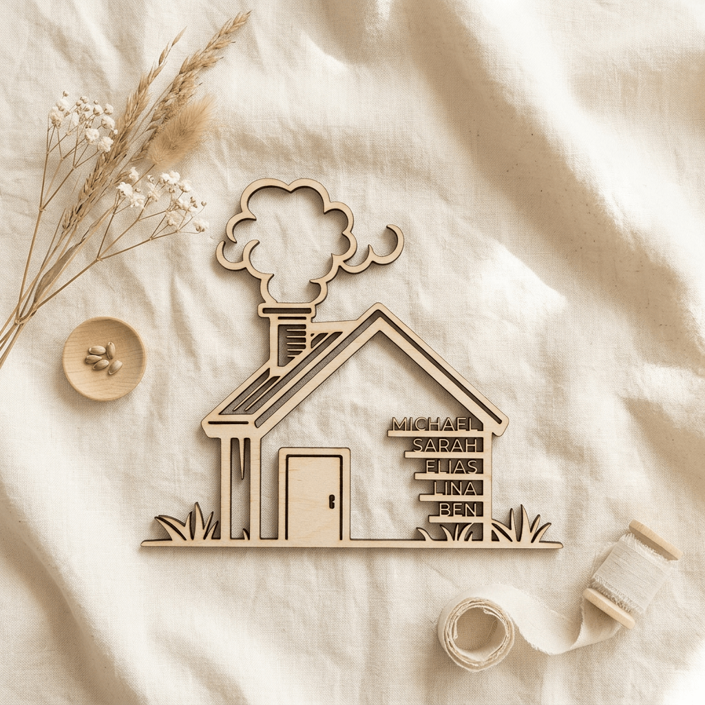 Familienschild in Hausform zum Einzug | Holz - LaserArt Germany