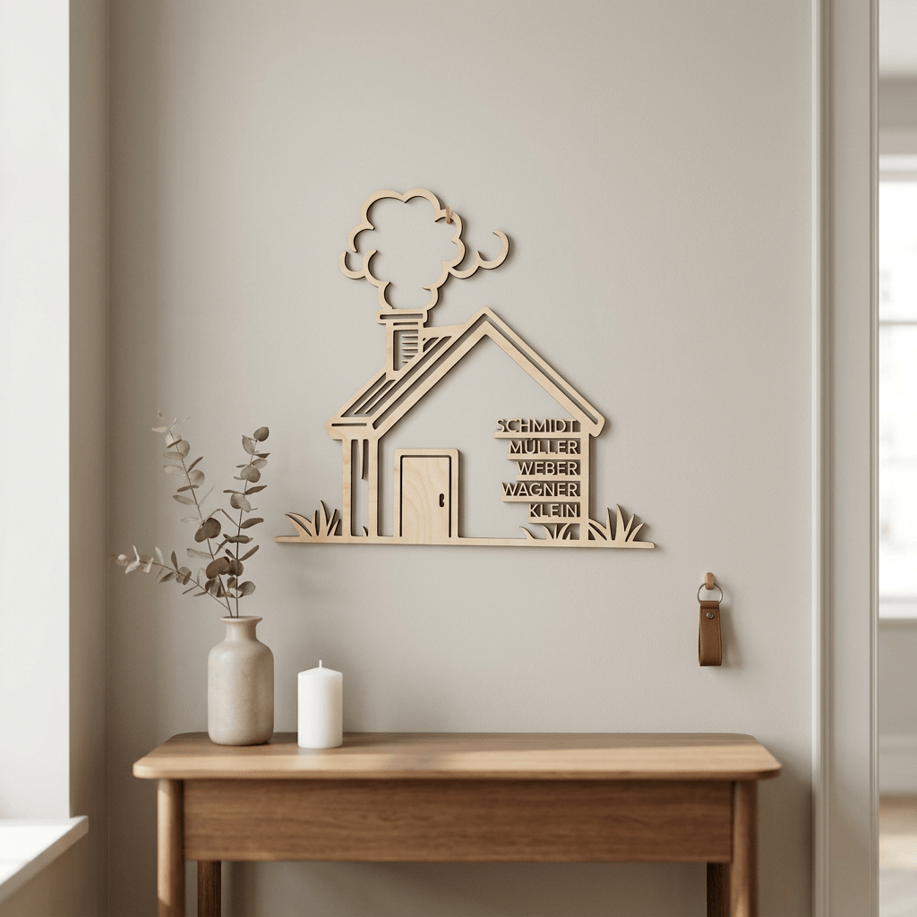 Familienschild in Hausform zum Einzug | Holz - LaserArt Germany