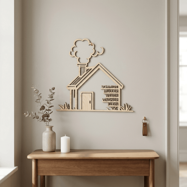 Familienschild in Hausform zum Einzug | Holz - LaserArt Germany