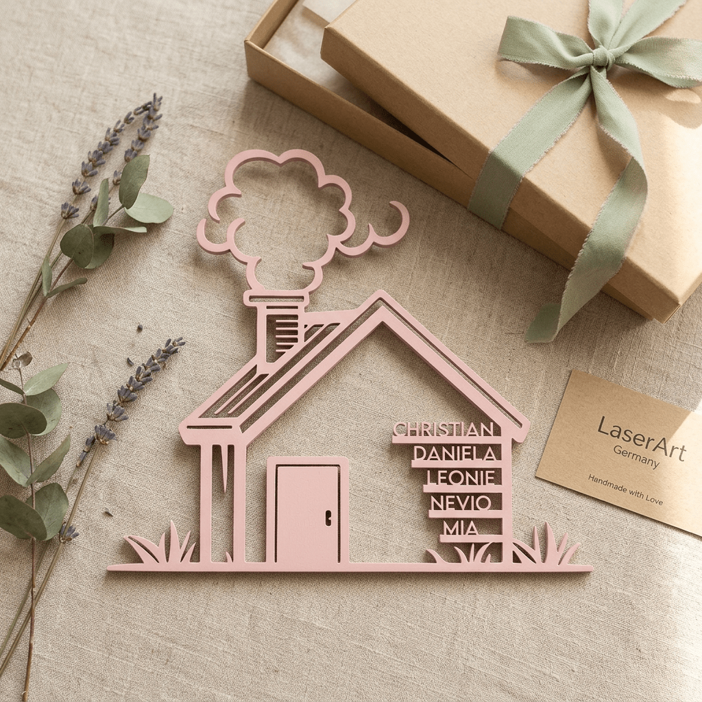 Familienschild in Hausform zum Einzug | Holz - LaserArt Germany