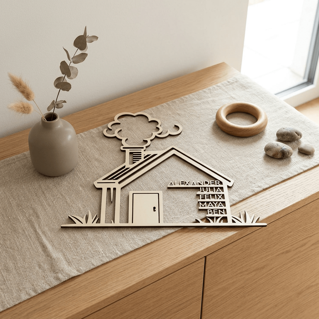 Familienschild in Hausform zum Einzug | Holz - LaserArt Germany