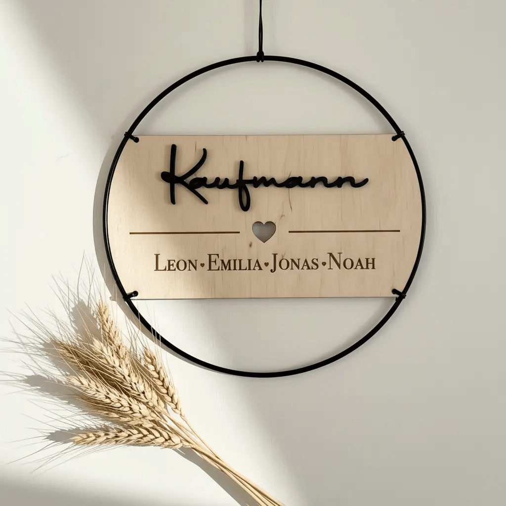 Familienschild personalisiert aus Holz und Metall | Türkranz Familienschild - LaserArt Germany