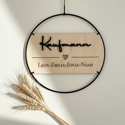 Familienschild personalisiert aus Holz und Metall | Türkranz Familienschild - LaserArt Germany