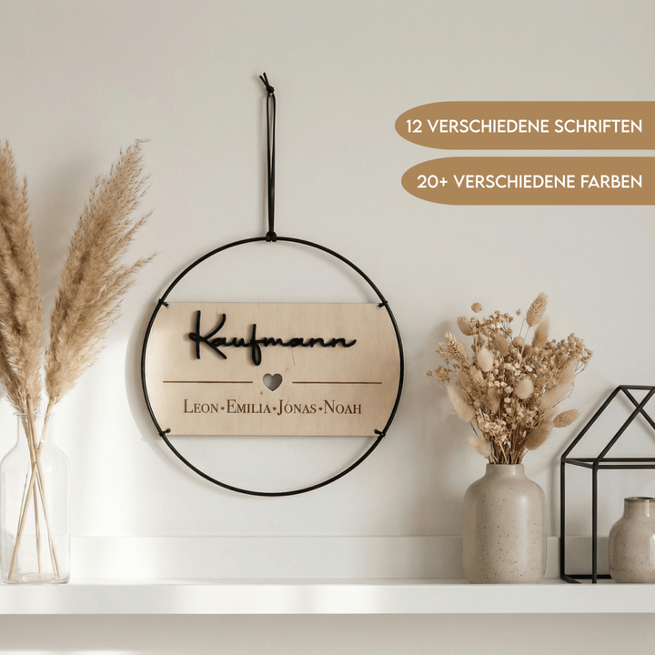 Familienschild personalisiert aus Holz und Metall | Türkranz Familienschild - LaserArt Germany