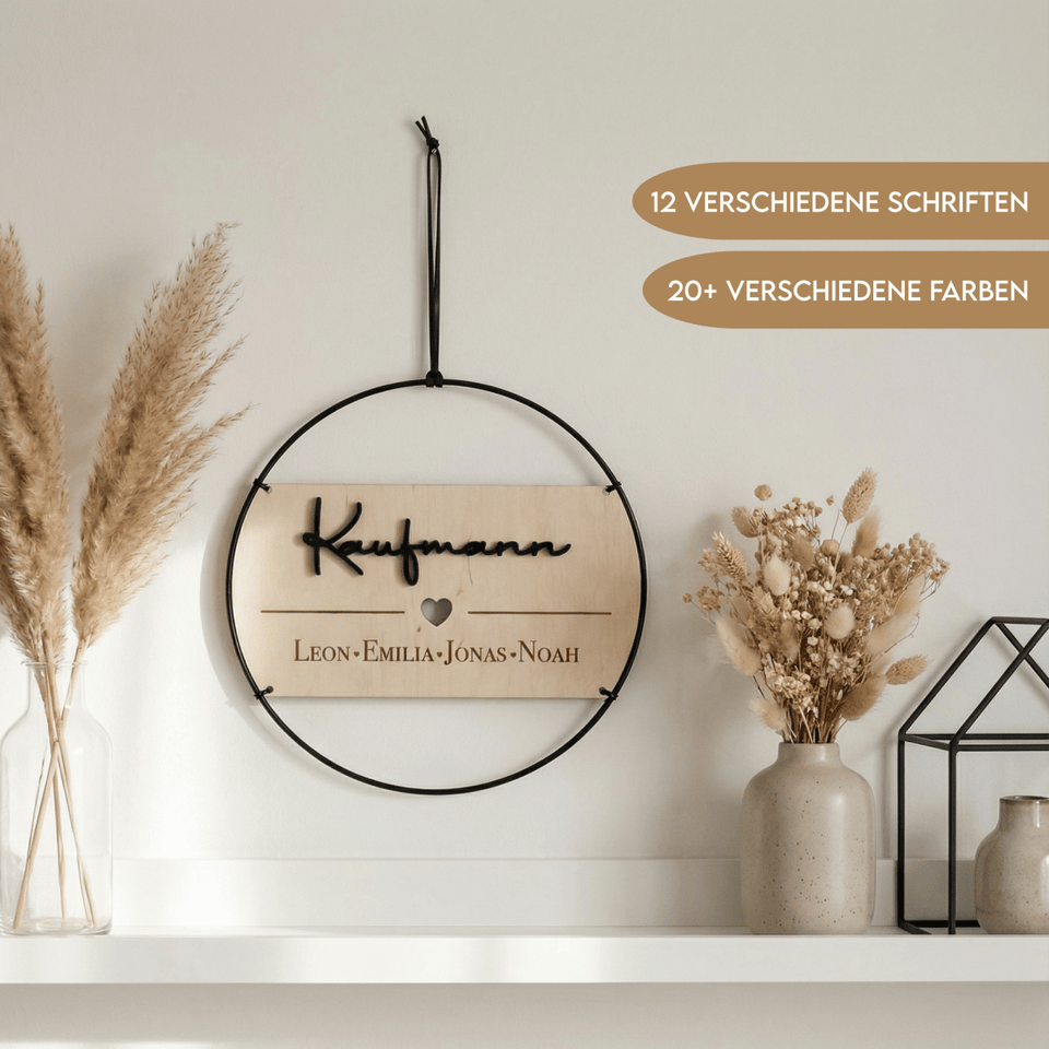 Familienschild personalisiert aus Holz und Metall | Türkranz Familienschild - LaserArt Germany