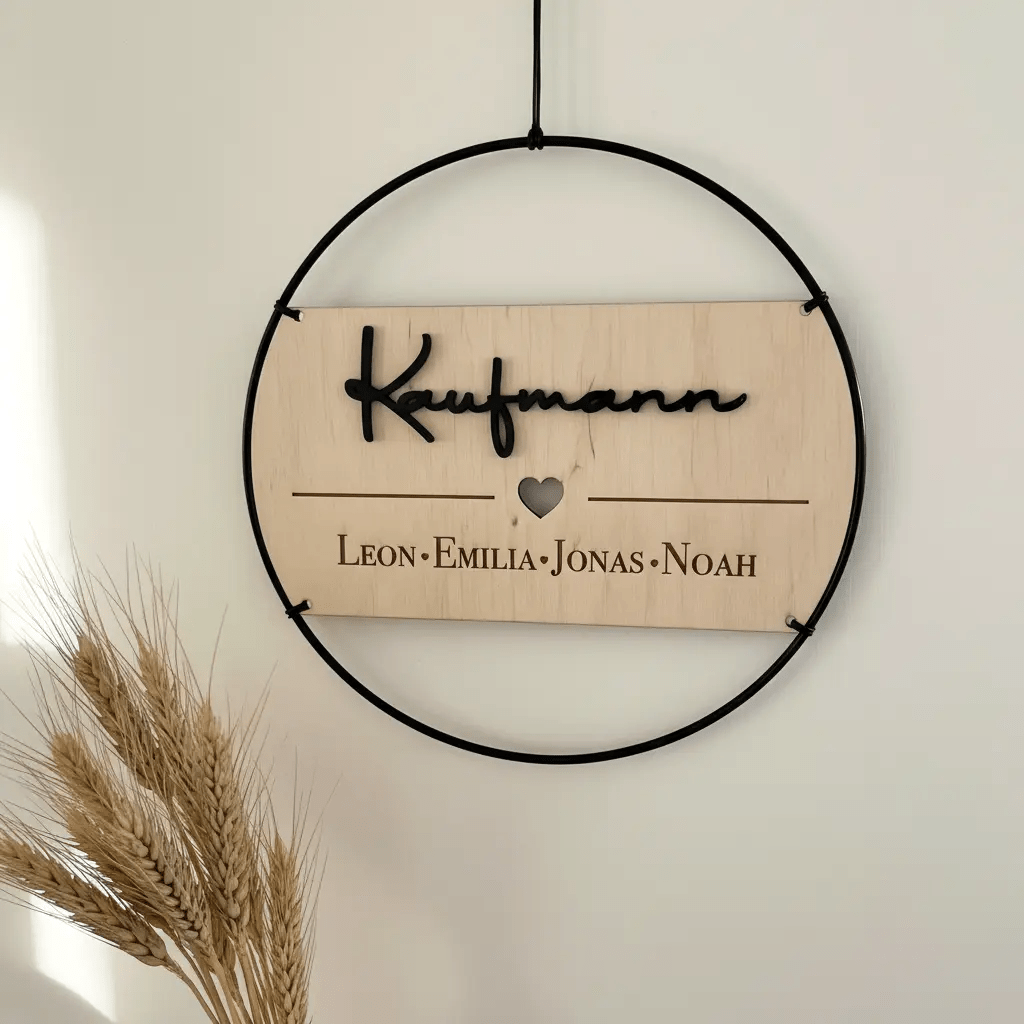 Familienschild personalisiert aus Holz und Metall | Türkranz Familienschild - LaserArt Germany