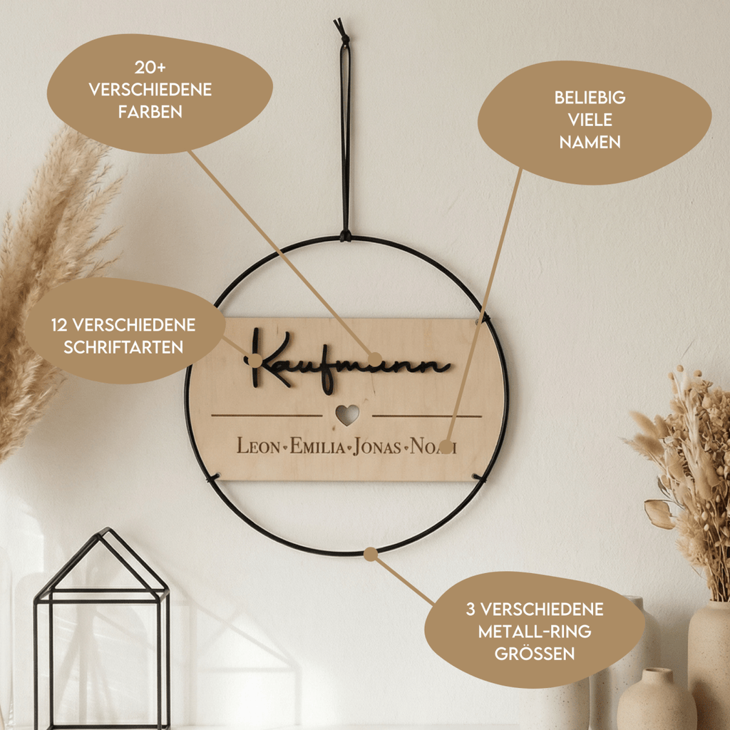 Familienschild personalisiert aus Holz und Metall | Türkranz Familienschild - LaserArt Germany
