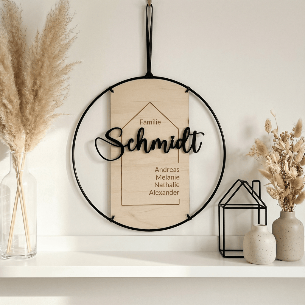 Familienschild personalisiert aus Holz und Metall | Türschild Familie - LaserArt Germany