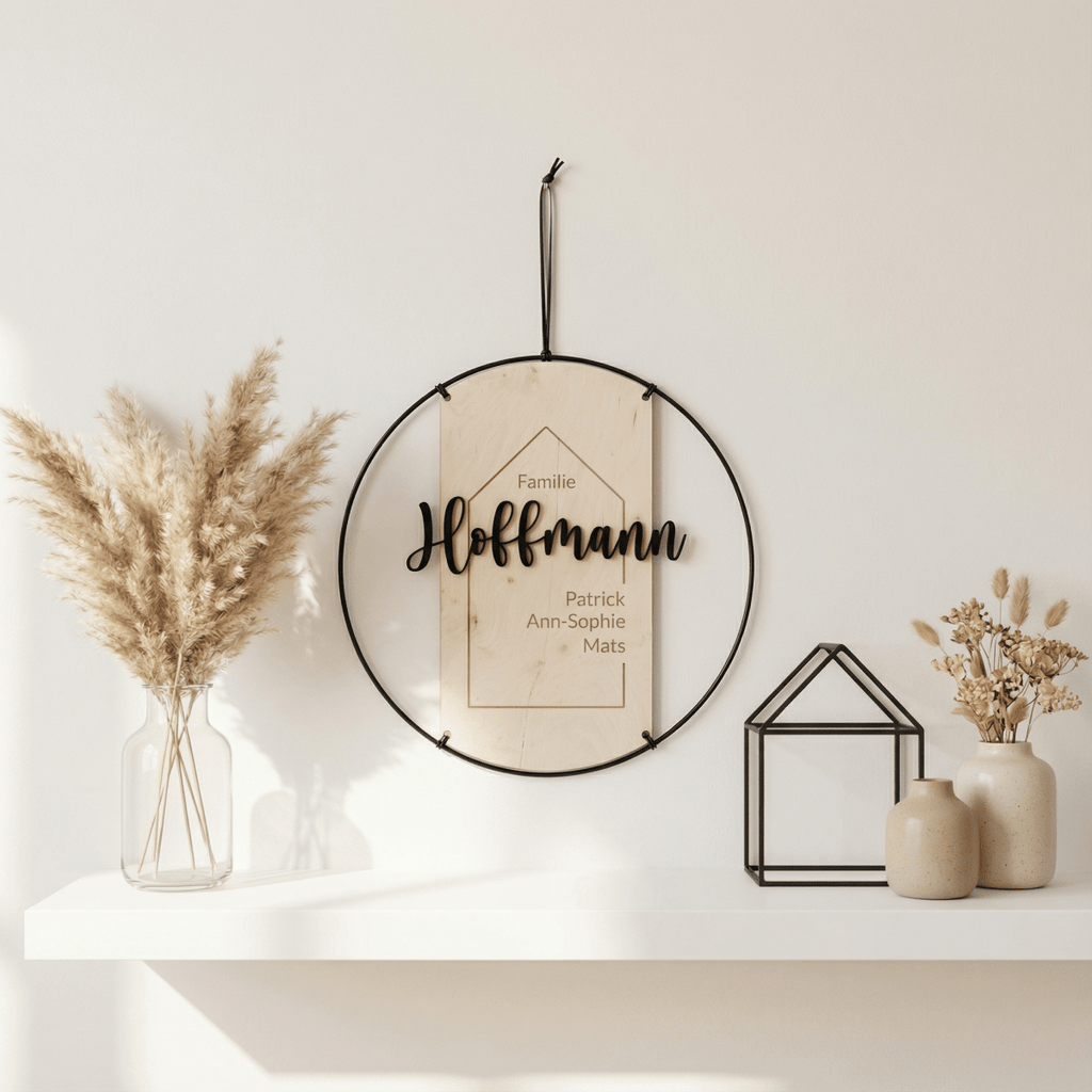 Familienschild personalisiert aus Holz und Metall | Türschild Familie - LaserArt Germany