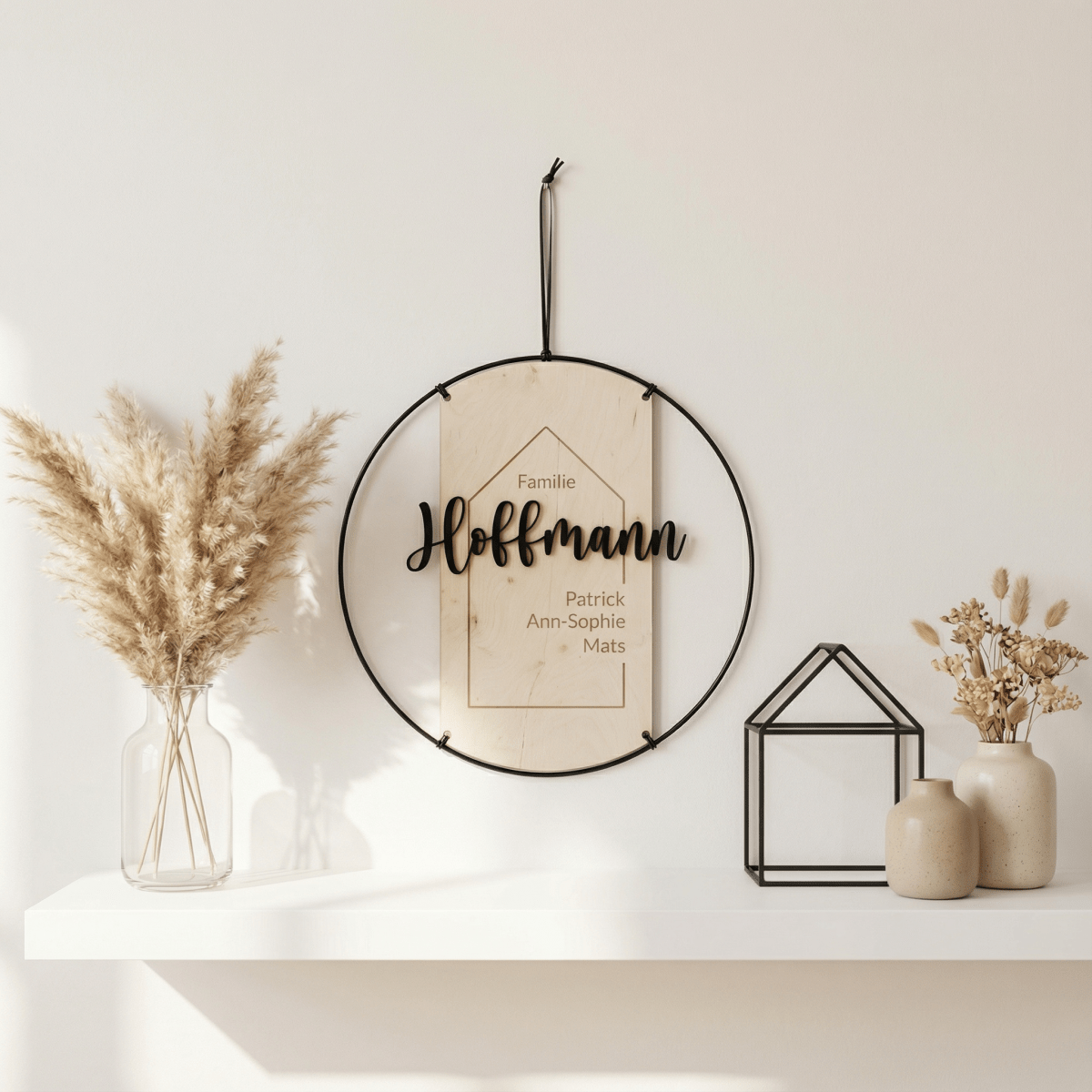 Familienschild Hoffmann im Metallring auf dem Regal mit Pampas