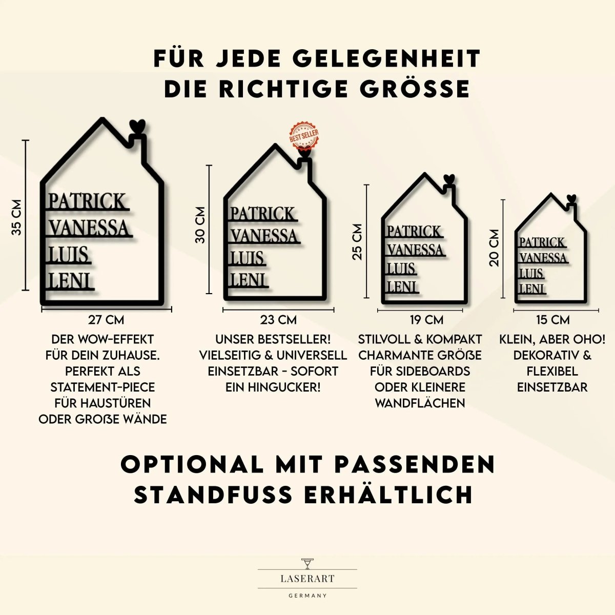 Familienschild personalisiert mit Vornamen aller Familienmitglieder - LaserArt Germany