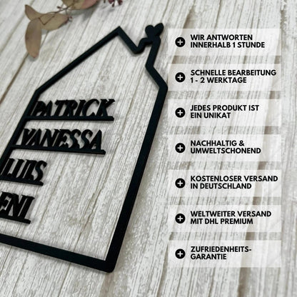 Familienschild personalisiert mit Vornamen aller Familienmitglieder - LaserArt Germany