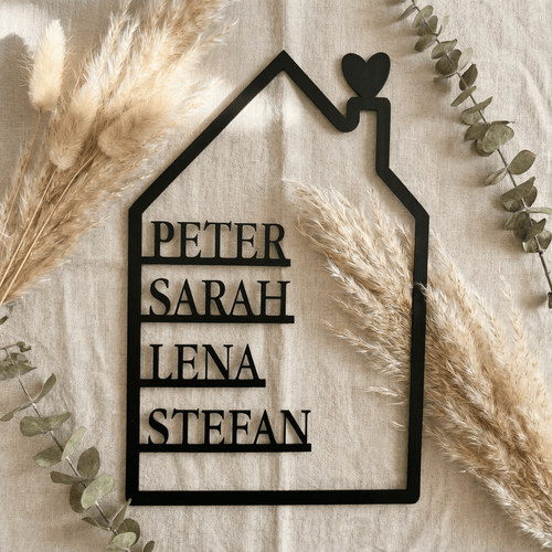 Familienschild personalisiert mit Vornamen aller Familienmitglieder - LaserArt Germany
