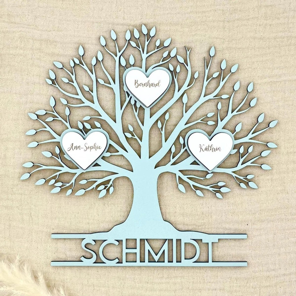 Familienstammbaum aus Holz personalisiert mit Familienname & Herzen | Baum des Lebens - LaserArt Germany
