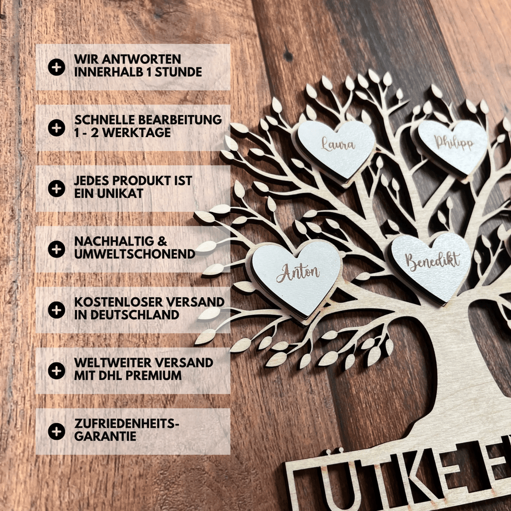Familienstammbaum aus Holz personalisiert mit Familienname & Herzen | Baum des Lebens - LaserArt Germany