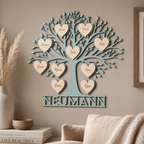 Familienstammbaum als Wandbild in Hellblau über dem Sideboard
