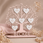 Familienstammbaum in Rosa mit sechs Namensherzen und Familienname Becker