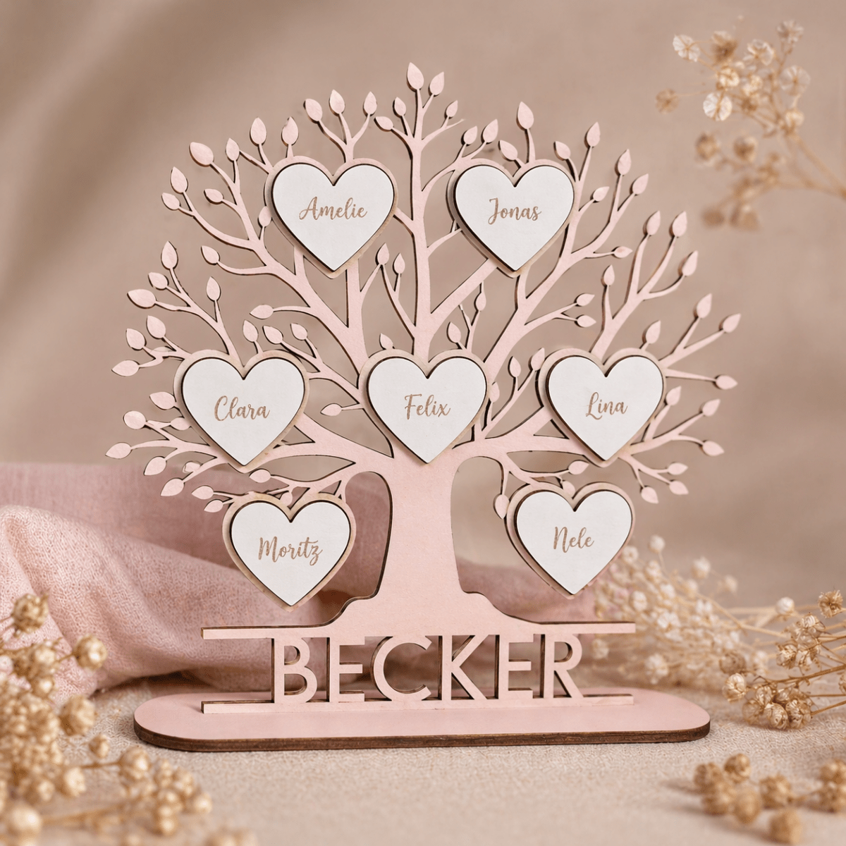 Familienstammbaum in Rosa mit sechs Namensherzen und Familienname Becker