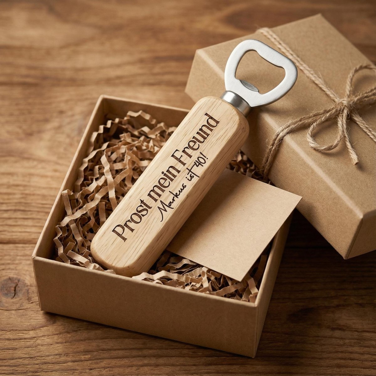 Flaschenöffner aus Holz mit Gravur in Kraftpapier-Geschenkbox – Geburtstagsgeschenk für Männer