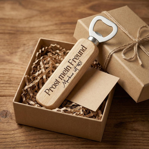 Flaschenöffner aus Holz mit Gravur in Kraftpapier-Geschenkbox – Geburtstagsgeschenk für Männer