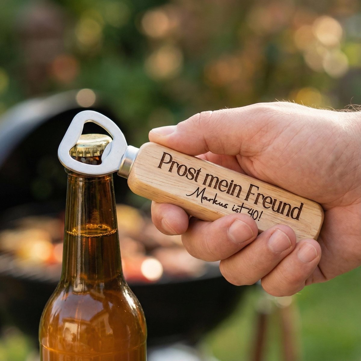 Mann öffnet Bierflasche mit dem gravierten Holz-Flaschenöffner
