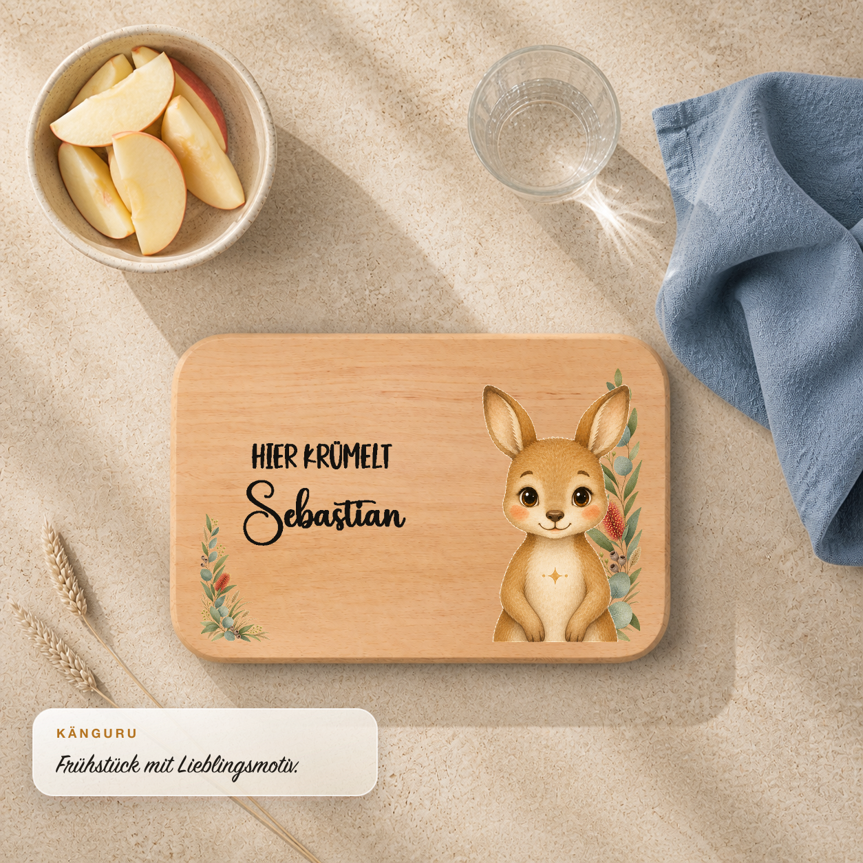 Frühstücksbrettchen Australien mit Känguru-Motiv und personalisiertem Namen