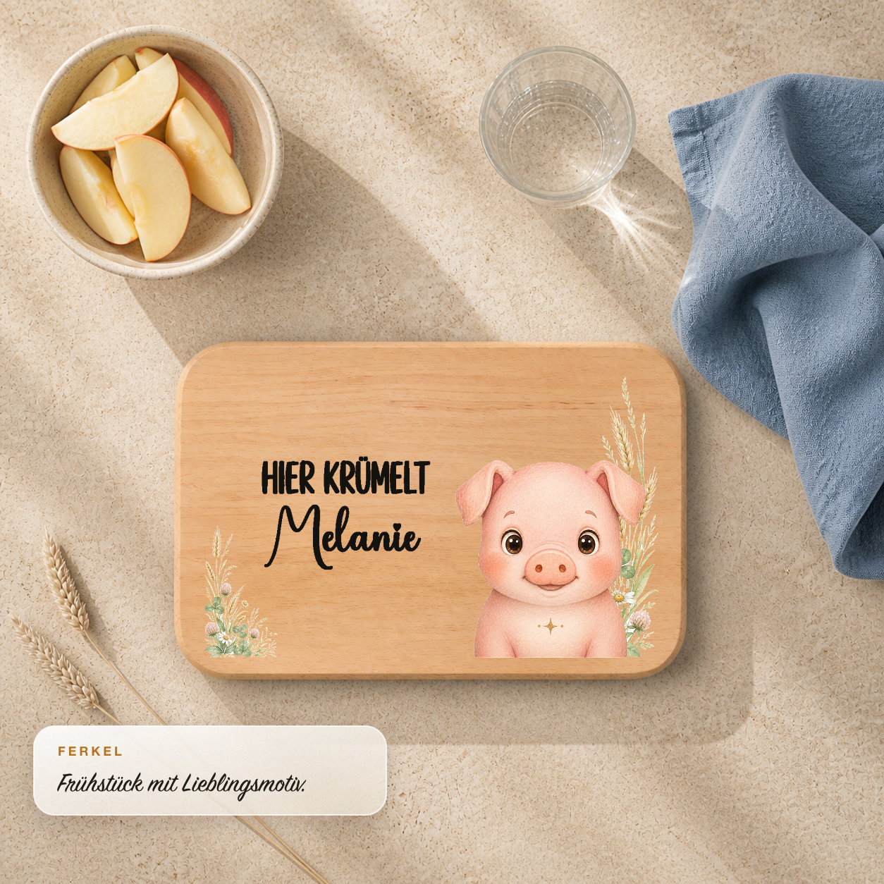 Frühstücksbrettchen Bauernhof & Haustiere mit Ferkel-Motiv und personalisiertem Namen