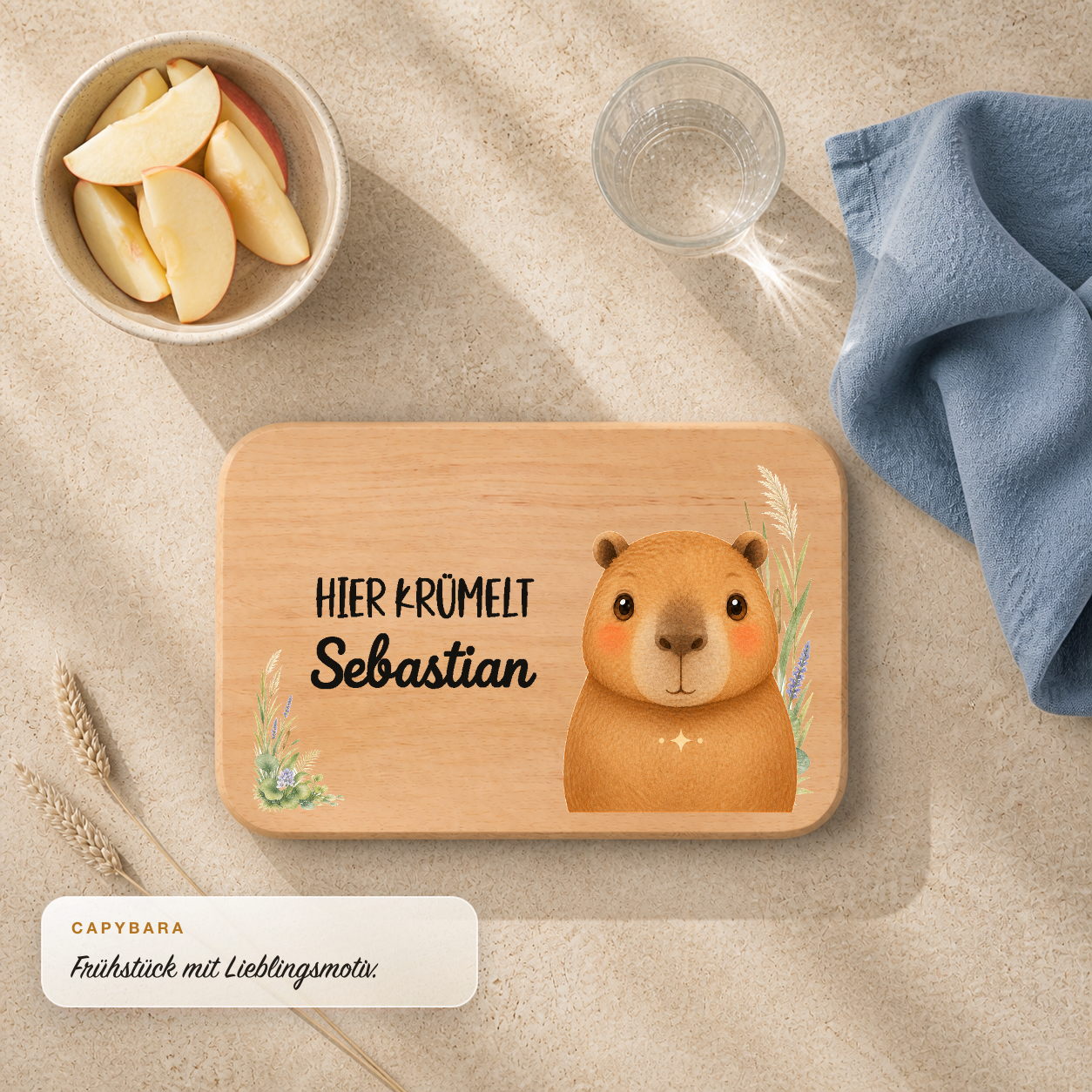 Frühstücksbrettchen Dschungel & Exoten mit Capybara-Motiv und personalisiertem Namen