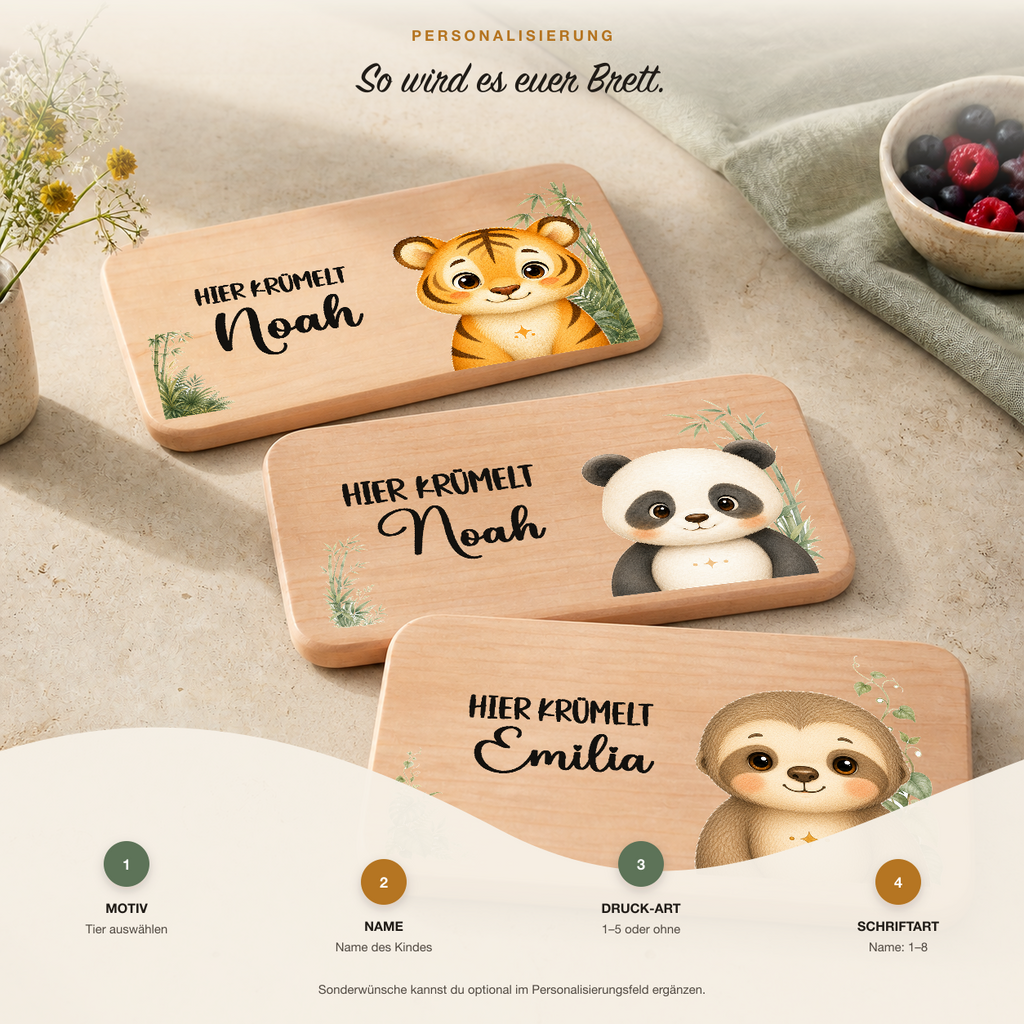 Personalisiertes Frühstücksbrettchen Dschungel & Exoten mit Name des Kindes und Hier-Krümelt-Schriftzug