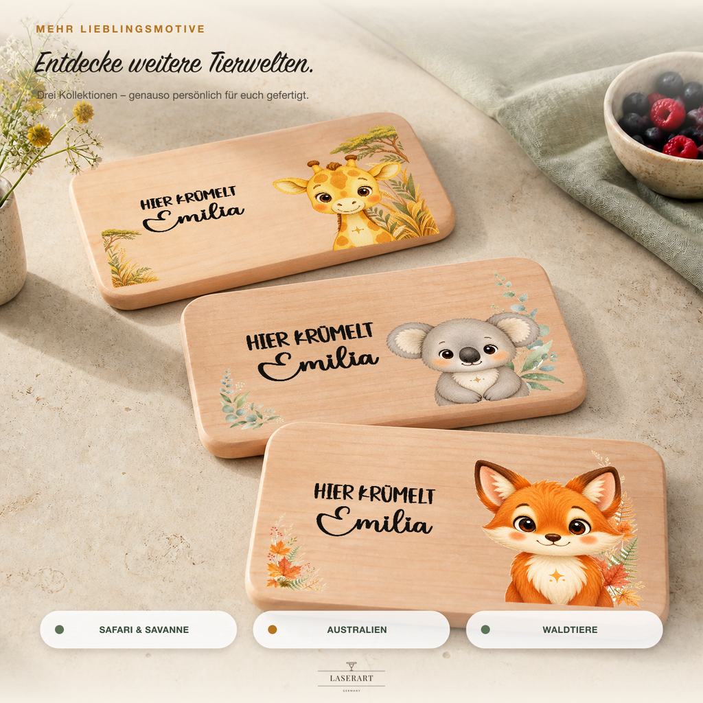 Weitere Themenwelten der Frühstücksbrettchen-Serie: Safari & Savanne, Meer & Unterwasserwelt, Waldtiere