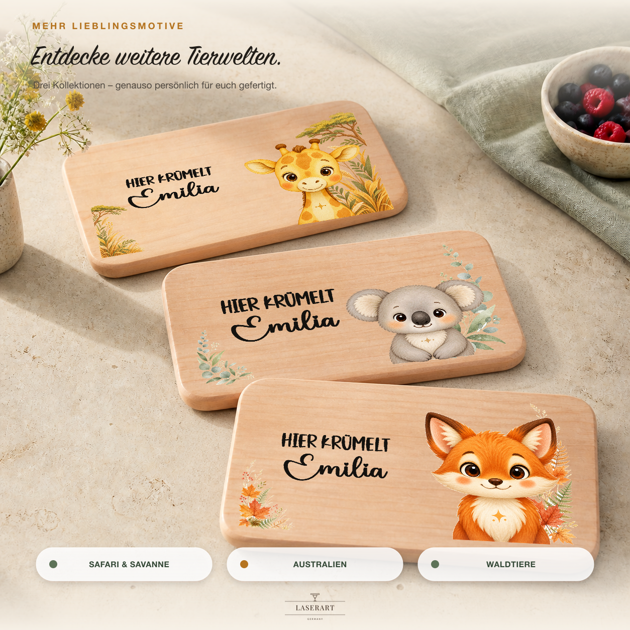 Weitere Themenwelten der Frühstücksbrettchen-Serie: Safari & Savanne, Meer & Unterwasserwelt, Waldtiere