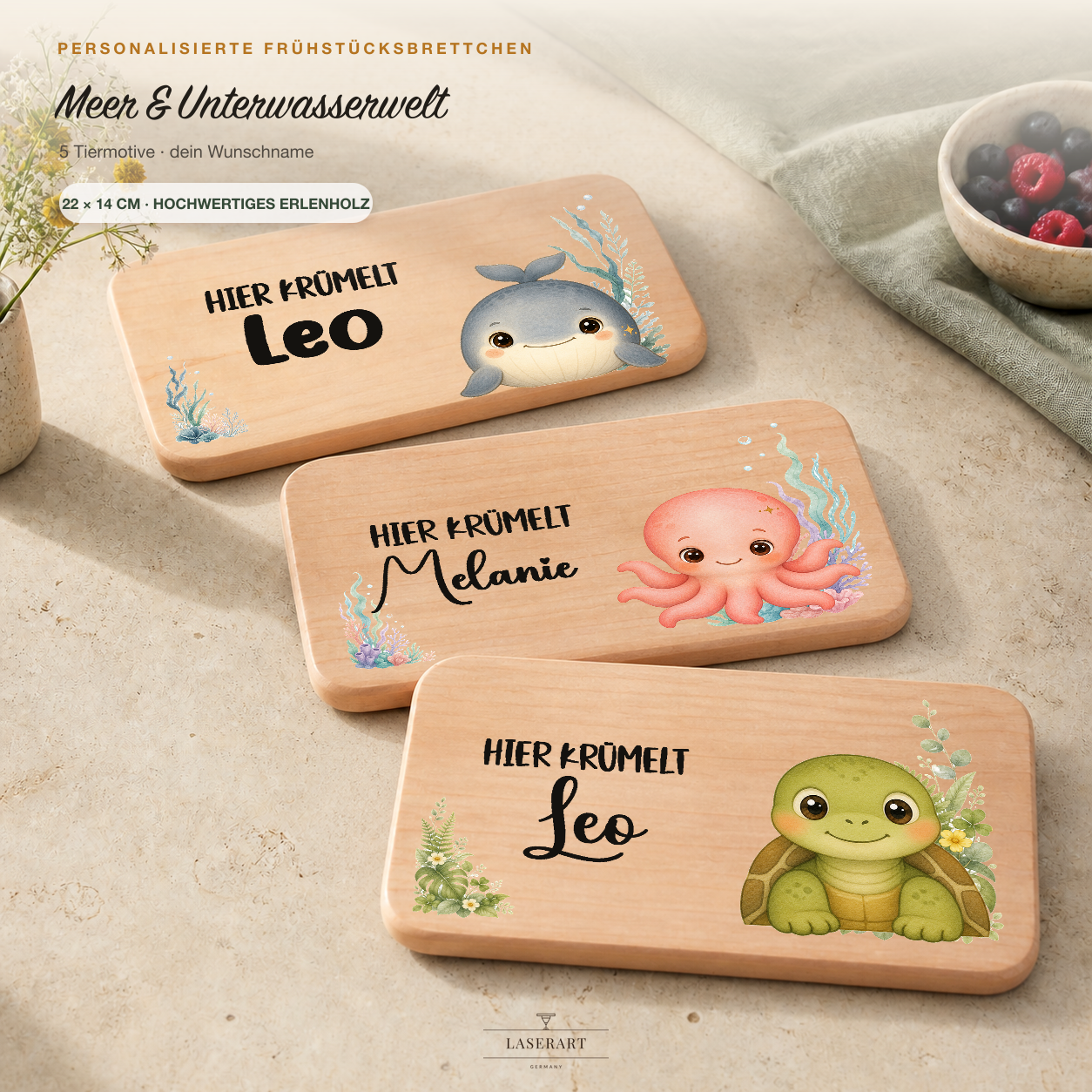 Personalisiertes Frühstücksbrettchen Meer & Unterwasserwelt aus Erlenholz, Name graviert
