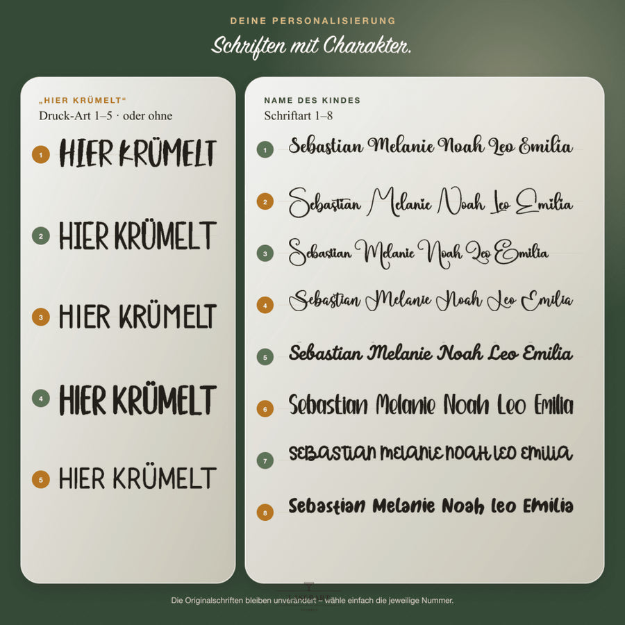 Schriftartenauswahl für Hier-Krümelt-Schriftzug und Kindername auf dem Frühstücksbrettchen